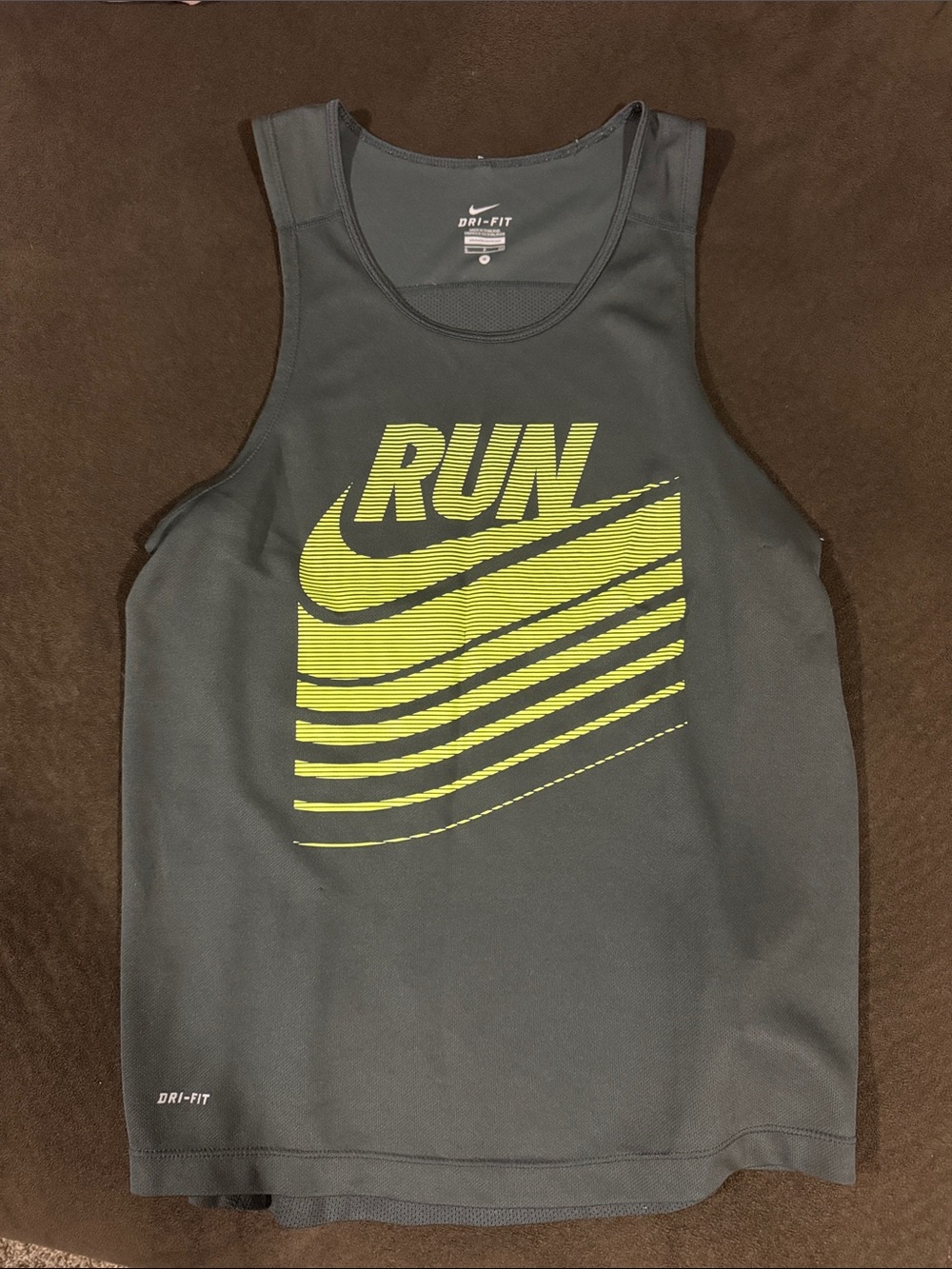 Nike Men’s Charcoal Tank Top with Neon Yellow RUN Graphic